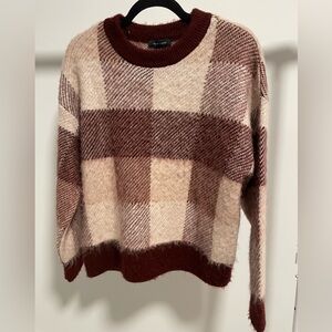 Women's New Look Plaid Sweater Burgundy Cream Red Shirt Top Size M